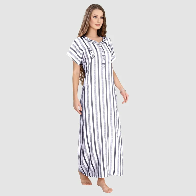 100% Rayon Embroidered Striped Long Nighty