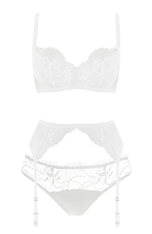 Signature White Lace Balcony Bra, Suspender and Brief Set