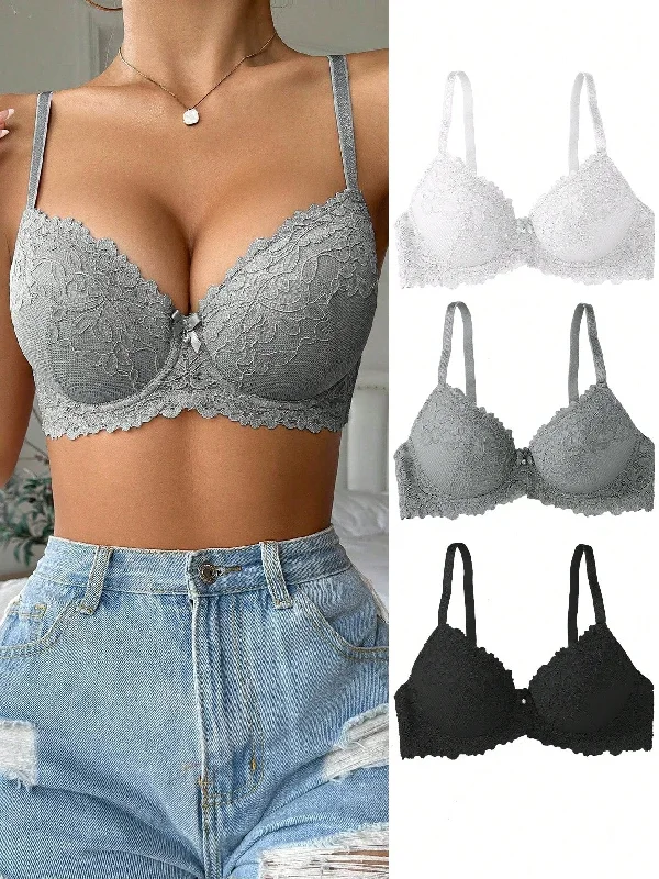 3pcs Floral Lace Underwire Bra