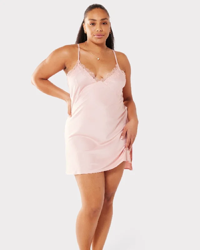 Satin Lace Trim V-Neck Slip Nightdress - Blush