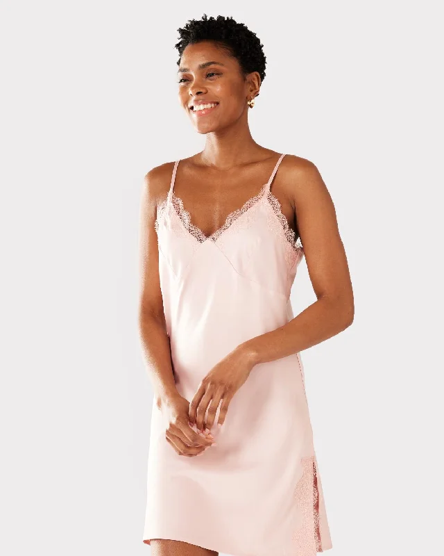 Satin Lace Trim V-Neck Slip Nightdress - Blush