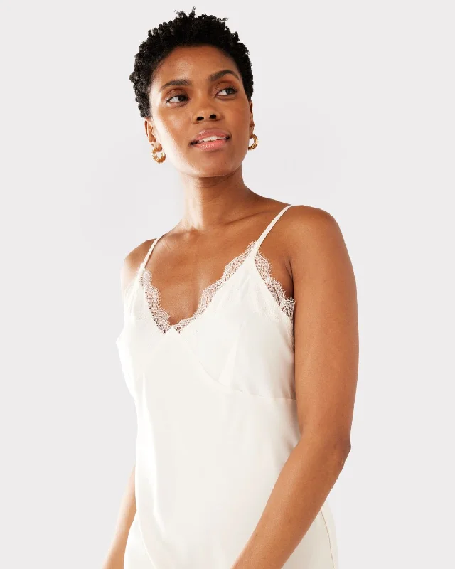 Satin Lace Trim V-Neck Slip Nightdress - Ivory