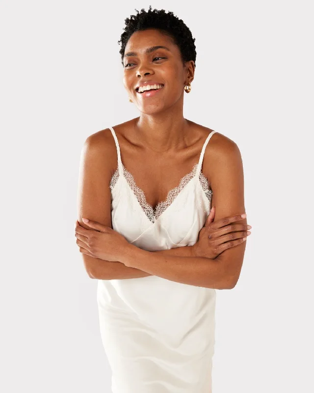 Satin Lace Trim V-Neck Slip Nightdress - Ivory