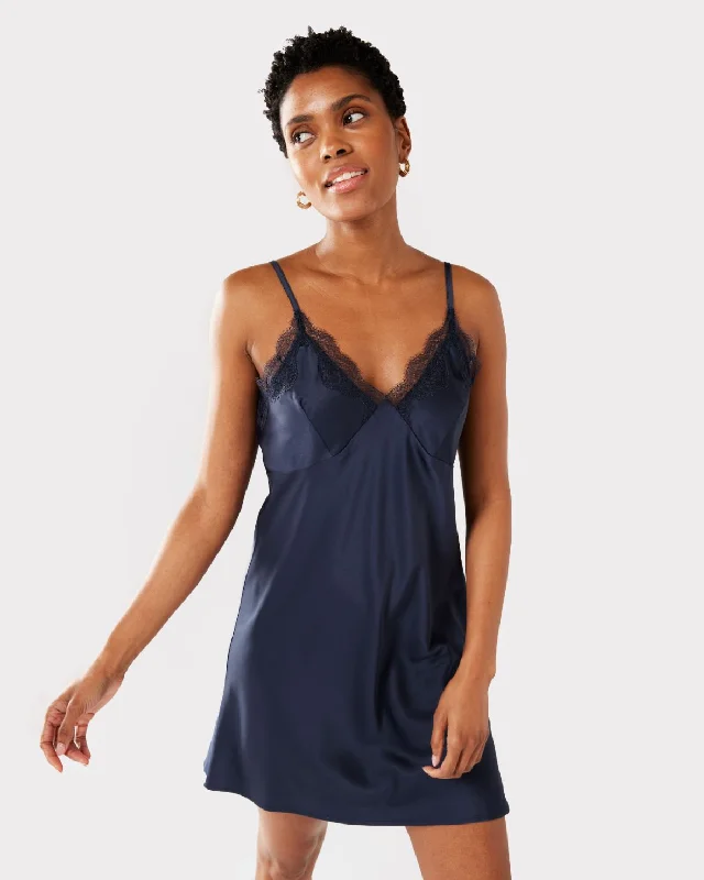 Satin Lace Trim V-Neck Slip Nightdress - Navy