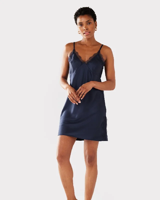 Satin Lace Trim V-Neck Slip Nightdress - Navy