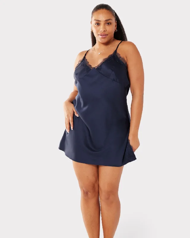 Satin Lace Trim V-Neck Slip Nightdress - Navy