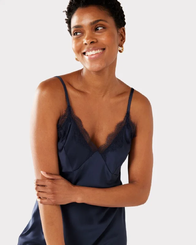 Satin Lace Trim V-Neck Slip Nightdress - Navy