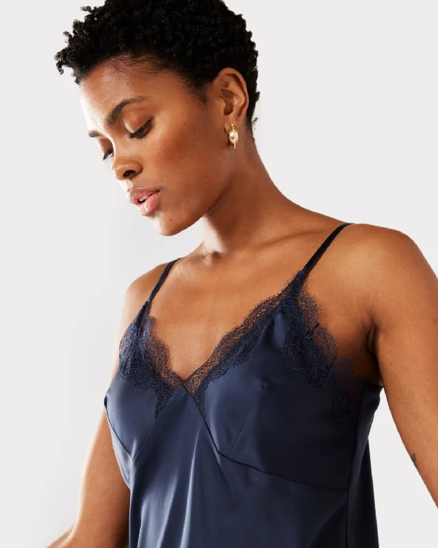 Satin Lace Trim V-Neck Slip Nightdress - Navy