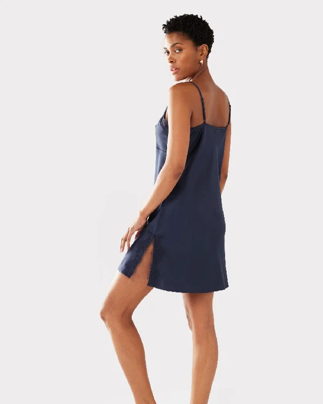 Satin Lace Trim V-Neck Slip Nightdress - Navy