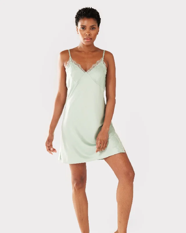 Satin Lace Trim V-Neck Slip Nightdress - Sage