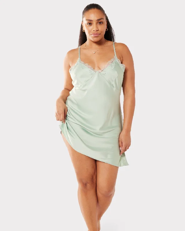 Satin Lace Trim V-Neck Slip Nightdress - Sage