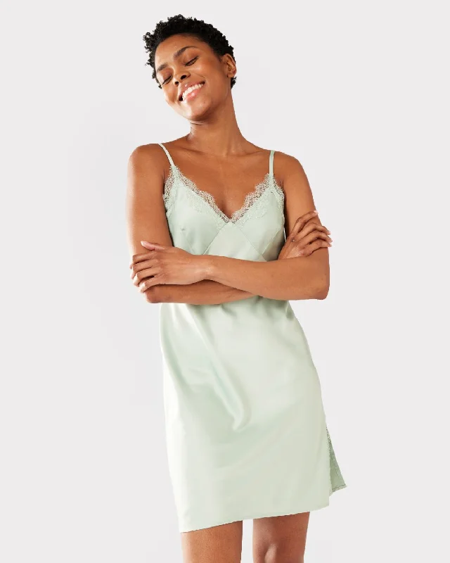 Satin Lace Trim V-Neck Slip Nightdress - Sage