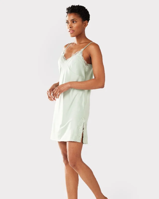 Satin Lace Trim V-Neck Slip Nightdress - Sage