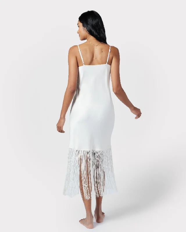 Satin Fringe Trim Slip Nightdress - Ivory