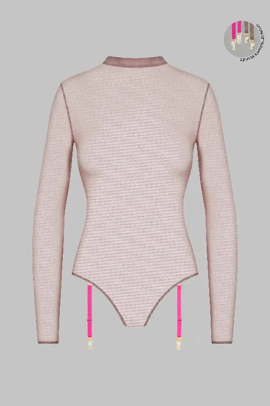 body-string-manches-longues-corps-a-corps-taupe-rose-fluo