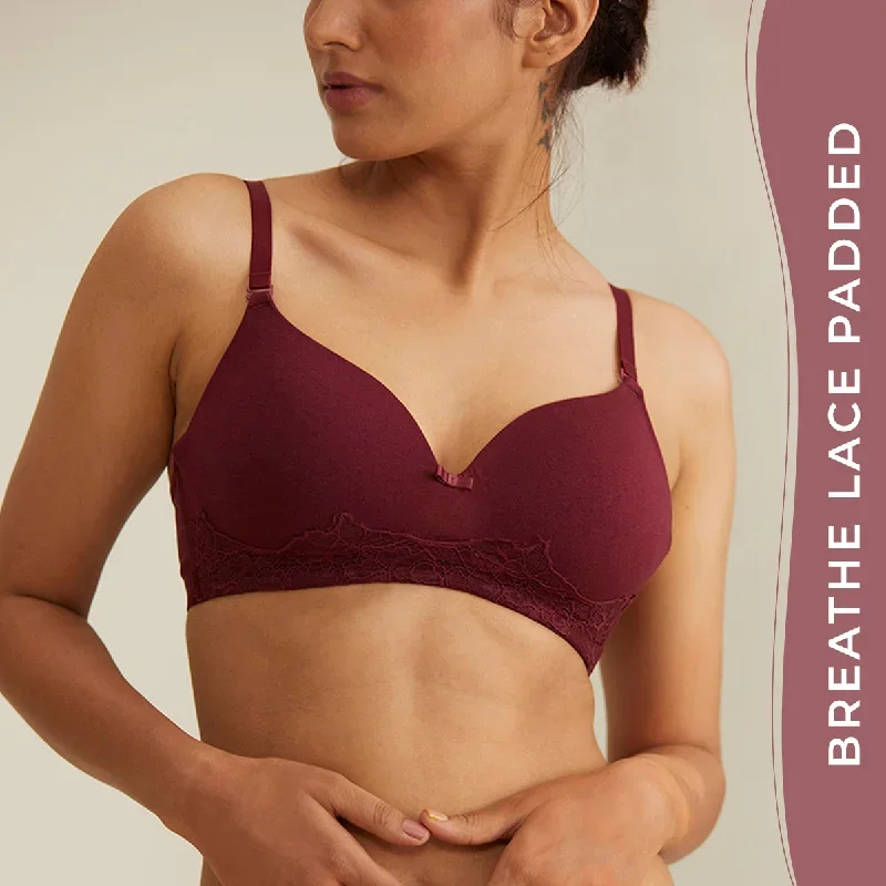 Breathe Lace Padded wireless T-shirt bra 3/4th coverage - Maroon NYB022