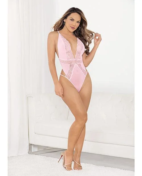 Sexy Lace Deep V Teddy W/bow Pink